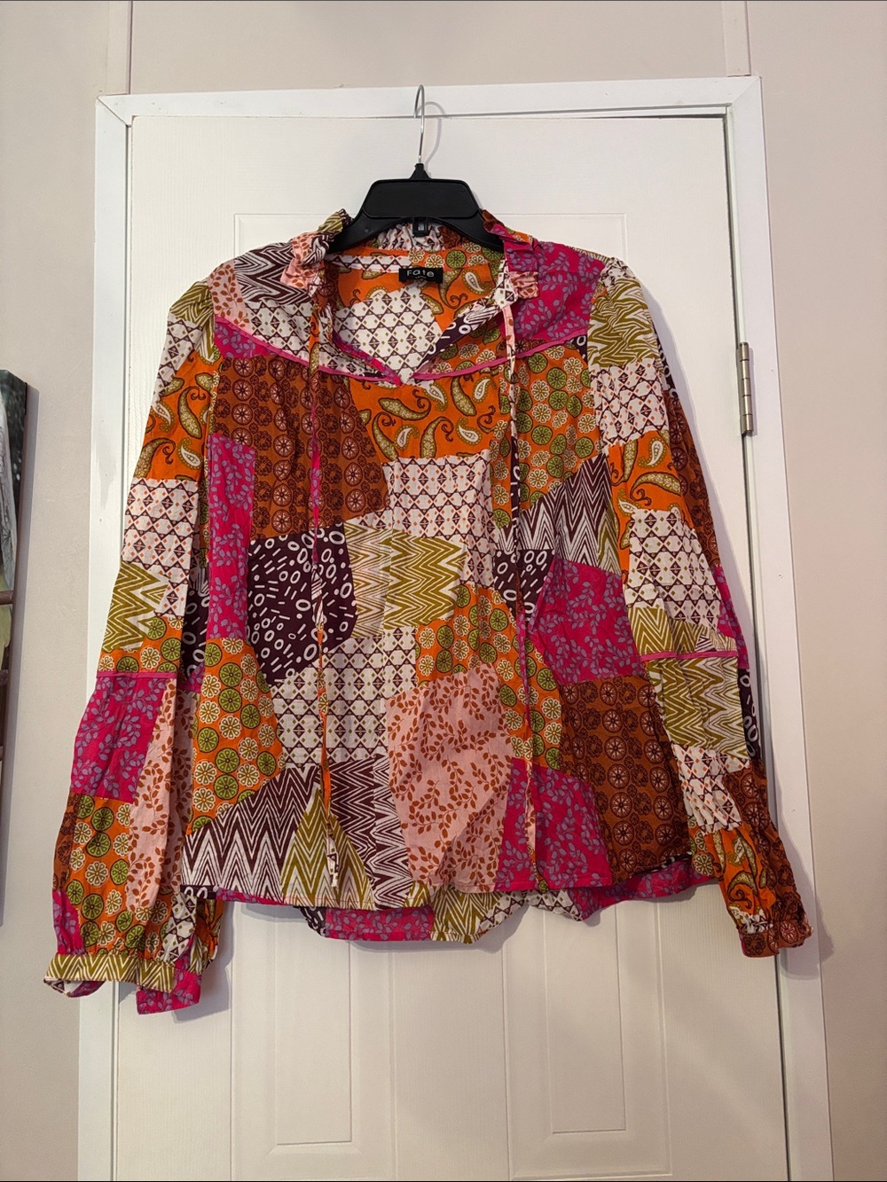 Fate Patchwork Button-Front Blouse in Pink, Orange & Brown